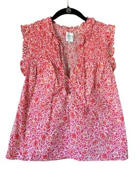 Misa Los Angeles Pink & White Floral Smocked Ruffle Top